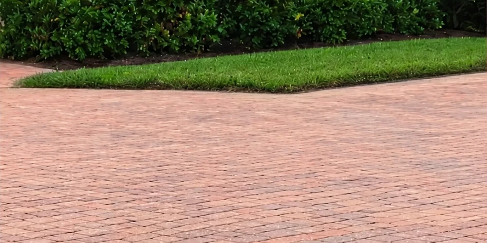 The same paver driveway after cleaning and sealing, color restored