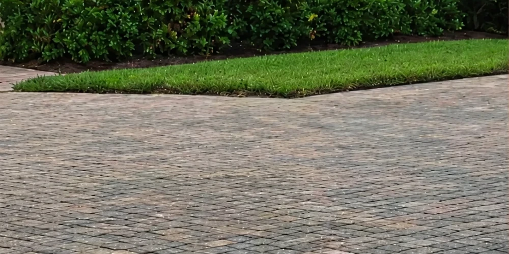 Paver driveway before cleaning, dulled and darkened by dirt and algae