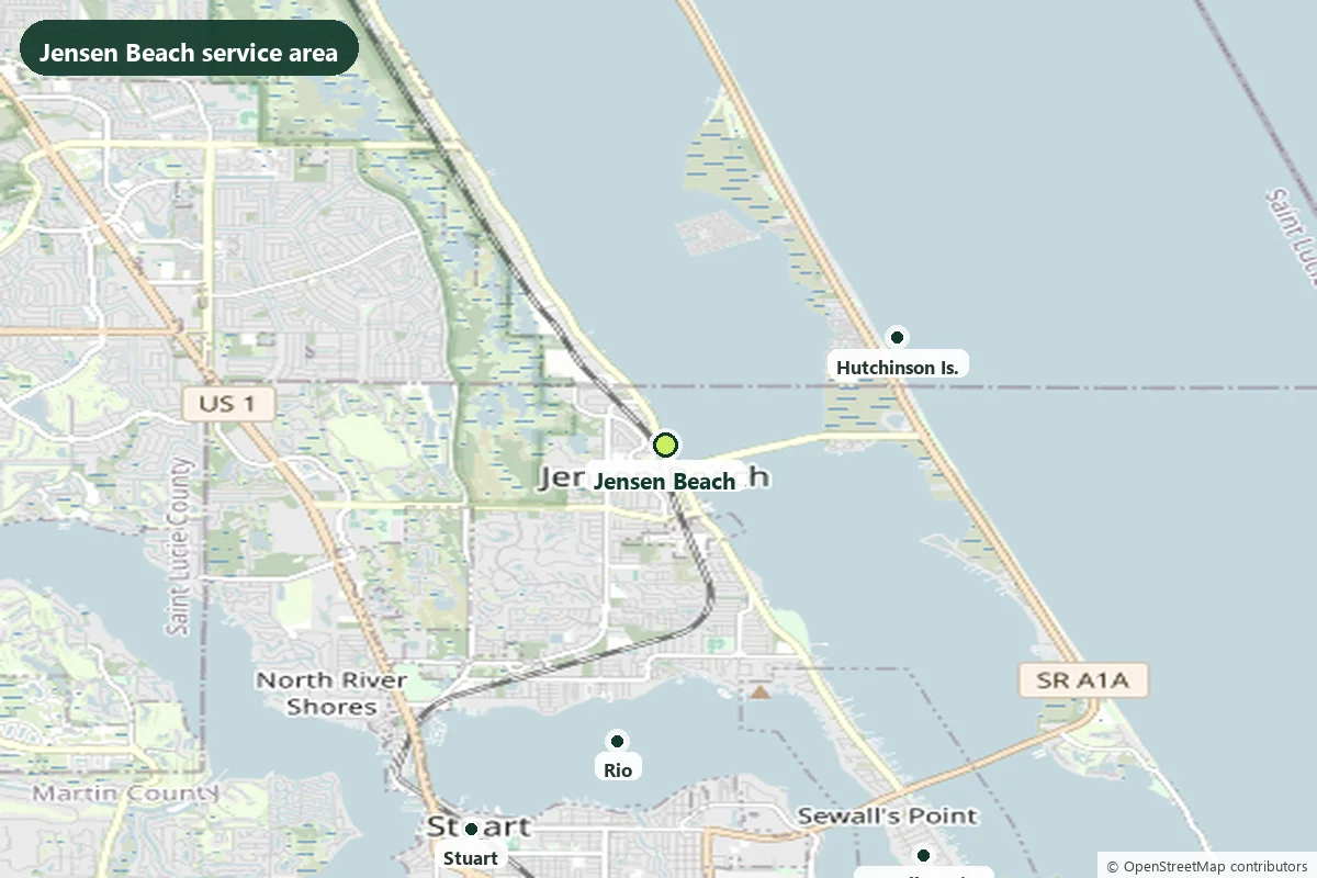 Map of the Jensen Beach service area and the drive from Stuart