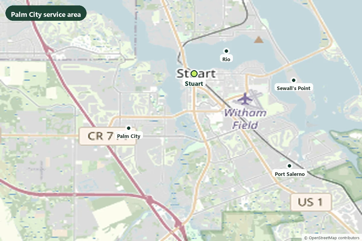 Map showing Palm City and its position relative to Stuart across the St. Lucie River