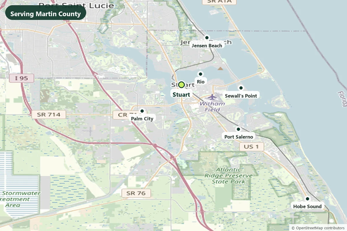 Map of the Stuart and Martin County service area, showing Palm City, Jensen Beach, Rio, Sewall's Point, Port Salerno and Hobe Sound